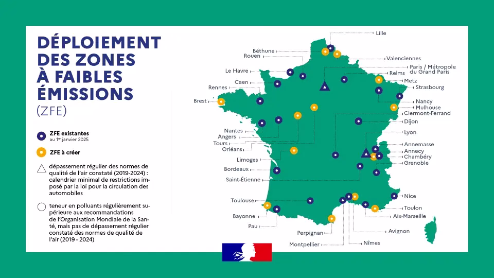 Mapa oficial del despliegue de zonas ZFE en Francia: ZFE existentes en enero 2025 y ZFE previstas
