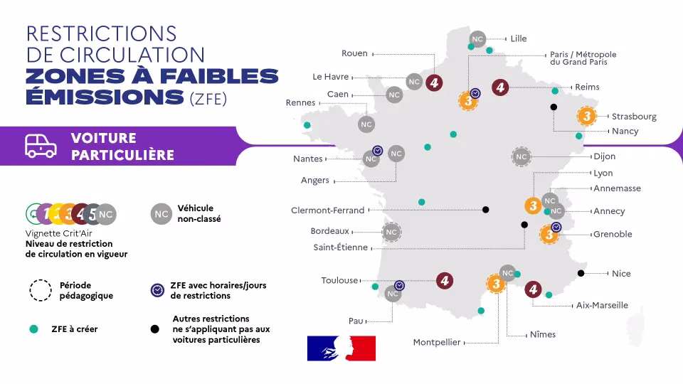 Mapa oficial de zonas ZFE en Francia 2025: ciudades con restricciones Crit'Air para vehículos particulares