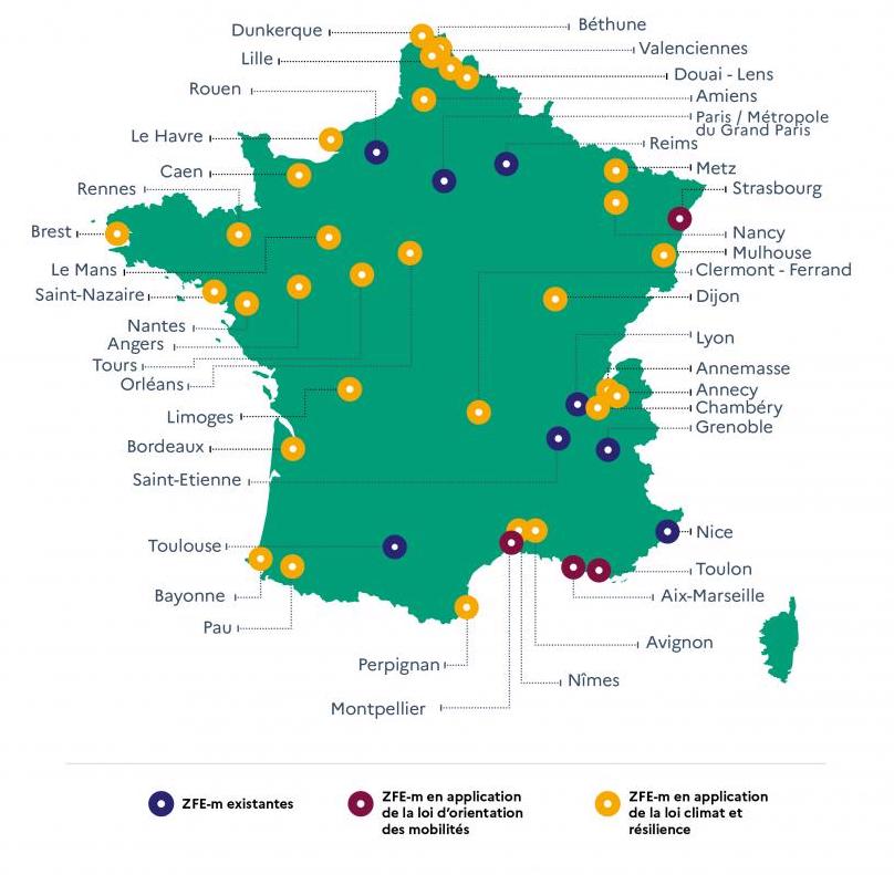 Mapa de las ciudades donde es necesaria la pegatina ambiental de Francia