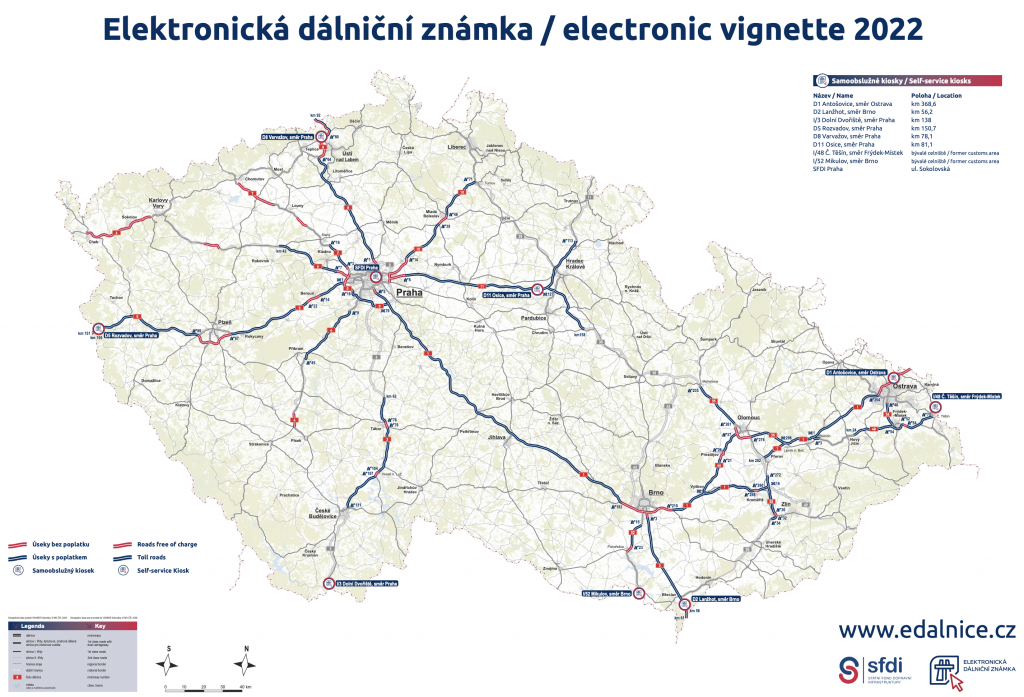 Mapa de las autopistas de pago por viñeta de la República Checa