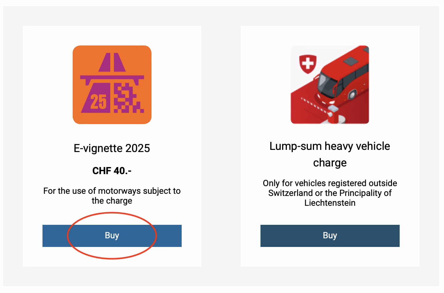 Página principal para comprar la e-viñeta para Suiza 