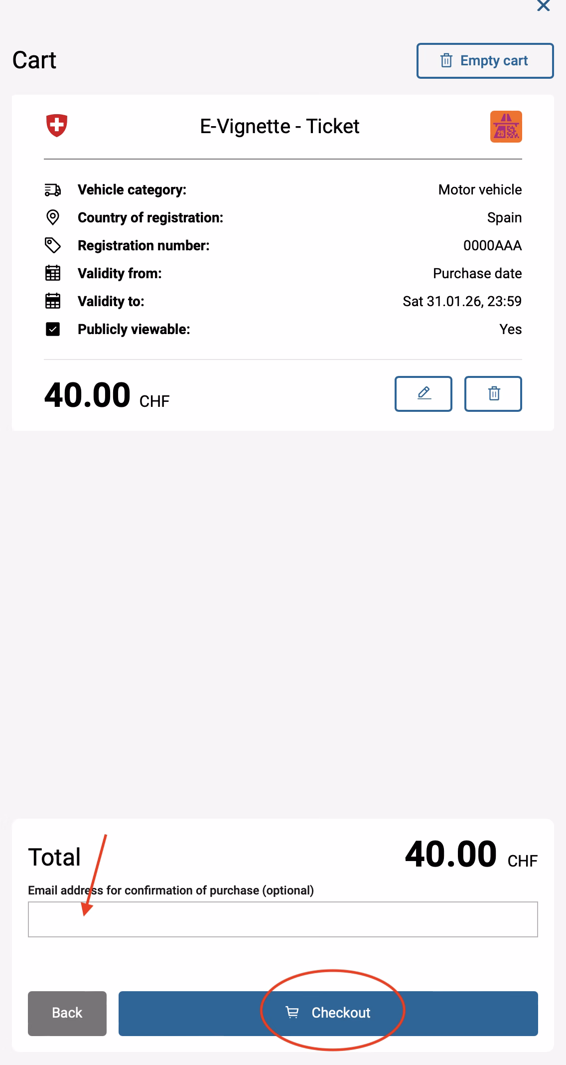 Proceso de compra de la viñeta digital para Suiza