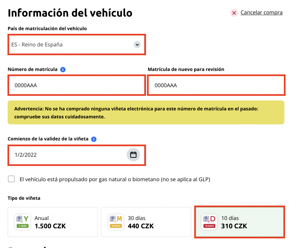 Datos necesarios para comprar la viñeta de la Rep. Checa